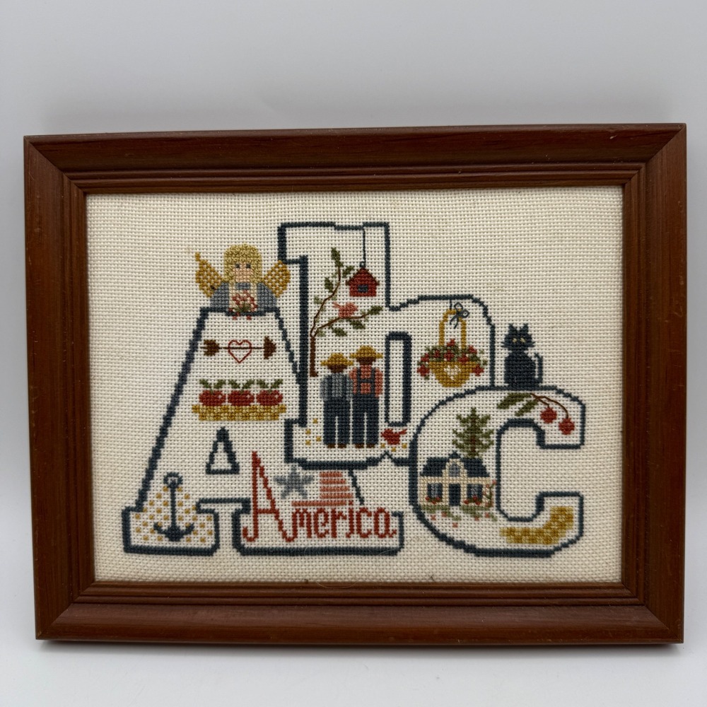 Vintage ABC America Framed Needlepoint Cross Stitch Country Decor 9" x 7"‎
